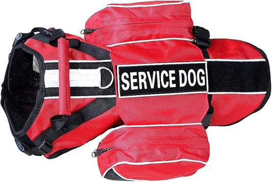 Service Dog Harness, Saddle Bag Backpack Carrier Outdoor Travel Hiking Camping Harness, Removable Saddle Bags and Patches (Red, L Girth 26-31")