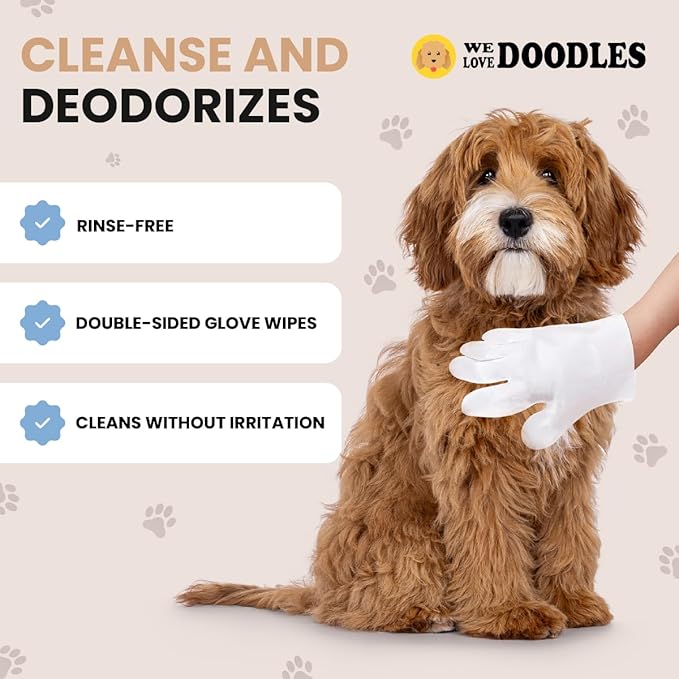 We Love Doodles Dog Cleaning Gloves Wipes - Pet Bathing Wipes for Dogs, Paws, Face, Body, Ears - Safe, Easy & Effective - Individually Packaged, Rinse-Free, Double-Sided, Alcohol-Free (6 Pieces)