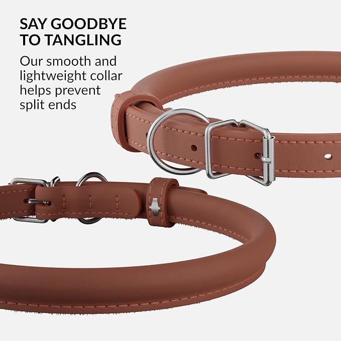 CollarDirect Rolled Leather Dog Collar, Soft Padded Round Puppy Collar, Handmade Genuine Leather Collar Dog Small Large Cat Collars 13 Colors (11-14 Inch, Cinnamon Smooth)