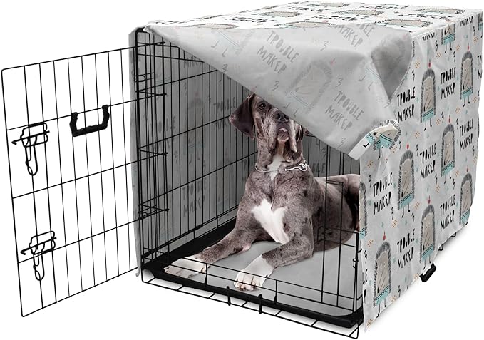 Lunarable Cartoon Dog Crate Cover, Hedgehog Trouble Maker Lettering with Apple and Stars Bad Boy Print, Easy to Use Pet Kennel Cover for Medium Large Dogs, 48 Inch, Pearl Pale Blue