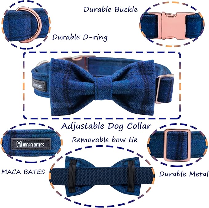 MACA Bates Dog Blue Woolen Collar with Nylon- Warm and Soft Bows Dog Collar for Large Medium Small Dogs, Adjustable Dog Collar with Metal Buckle for Boy and Girl in Winter, XS Puppy Collar