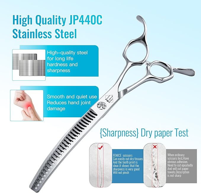 Professional Curved Thinning Scissors for Dog Grooming, 30-Degree Curvature, Japanese 440C for Trimming Dogs Cats and Other Pets face and paws (Curved Chunker)