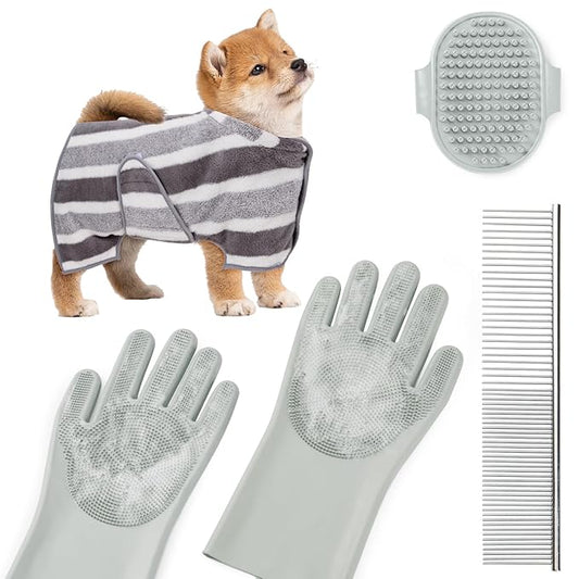 Pet Shower & Bath Supplies，Dog Shampoo Brush Set with Towel, Washing Gloves,Comb for Dogs and Cats (Stripe)