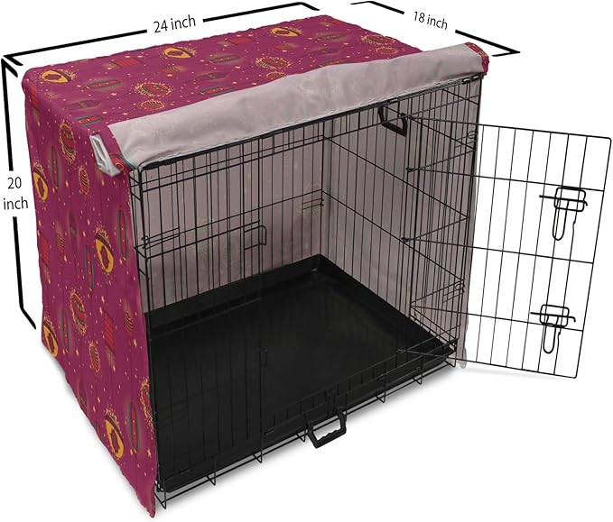 Lunarable Folkloric Dog Crate Cover, Cultural Inspirations Oriental Party Celebration Art Traditional Design, Easy to Use Pet Kennel Cover for Cats & Medium Dogs, 24 Inch, Magenta and Yellow