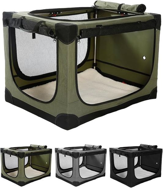 30 Inch Collapsible Travel Dog Crate for Medium Large Dogs, Portable Dog Crate 4-Door Foldable Soft Kennel with Chew-Proof Mesh Windows for Indoor & Outdoor Travel,with Storage Bag,Green