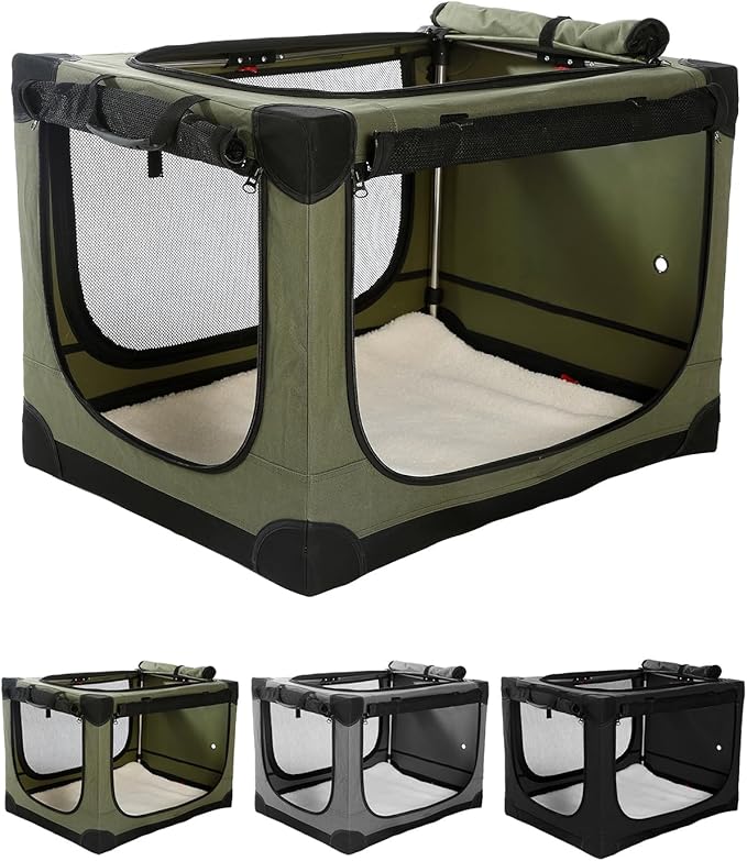 36 Inch Collapsible Travel Dog Crate for Medium Large Dogs, Portable Dog Crate 4-Door Foldable Soft Kennel with Chew-Proof Mesh Windows for Indoor & Outdoor Travel,with Storage Bag,Green