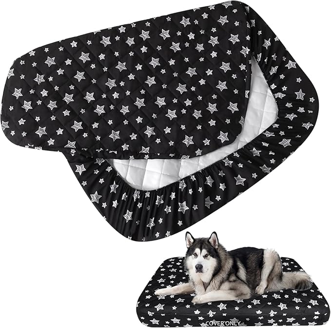 Dog Bed Covers Replacement Washable Pet Hair Easy to Remove, Waterproof Dog Bed Covers Noiseless Quilted, Pet Bed Cover Lovely Black Star Print, Puppy Bed Cover 44x54 Inches, for Dog/Cat, Cover Only