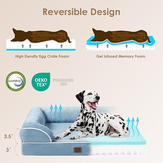 EHEYCIGA Orthopedic Dog Beds for Large Dogs, Waterproof Memory Foam Large Dog Bed with Sides, Non-Slip Bottom and Egg-Crate Foam Large Dog Couch Bed with Washable Removable Cover, Washed Blue