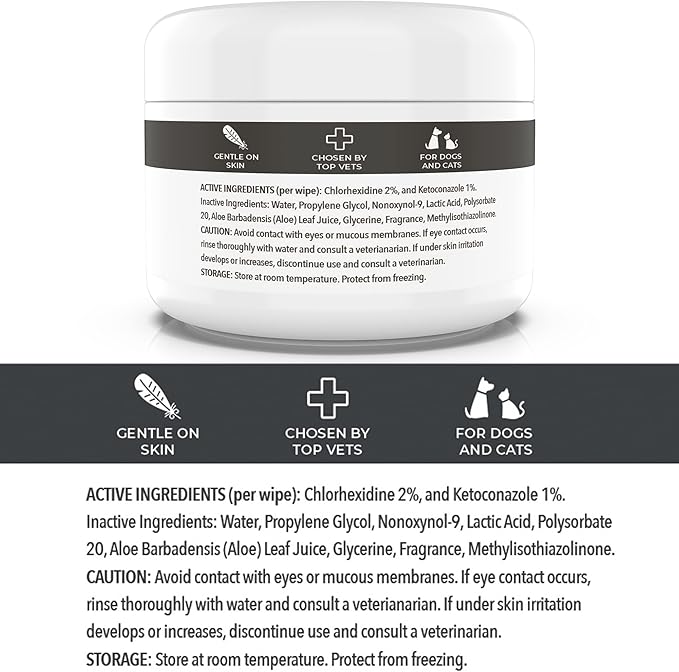 Smiling Paws Pets - Antibacterial & Antifungal Wipe for Dogs & Cats - Contains Ketoconazole & Chlorhexidine - Skin Treatment for Yeast Infection, Ringworm, Pyoderma, Bacteria & Fungus - 50ct (2 Pack)