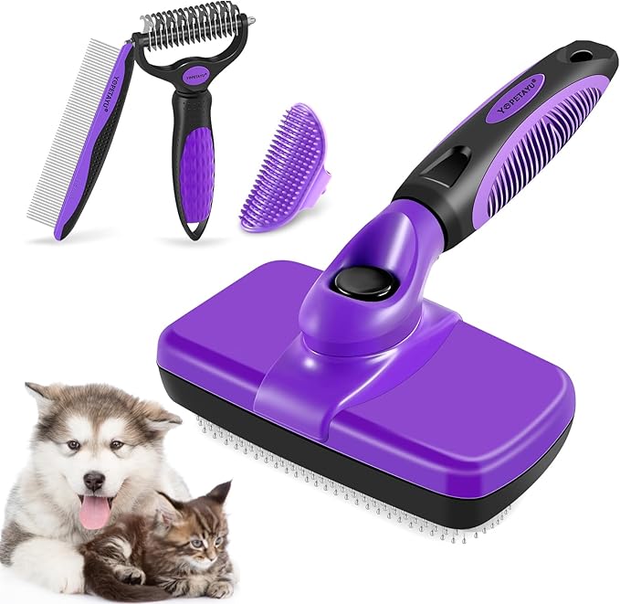 Dog Brush Kit – 4-in-1 Grooming Set with Self-Cleaning Slicker Brush & Undercoat Rake for Small, Medium & Large Long-Haired Dogs, Cats & Pets, Reduces Shedding, Tangles & Mats, Easy to Use