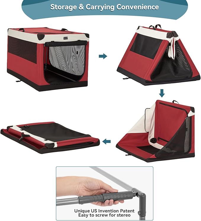 PETSFIT Collapsible Dog Crate, with Patented Adjustable Fabric Cover, Chewproof & Lockable Mesh Doors, Waterproof Base Portable Kennel Red 40 Inch