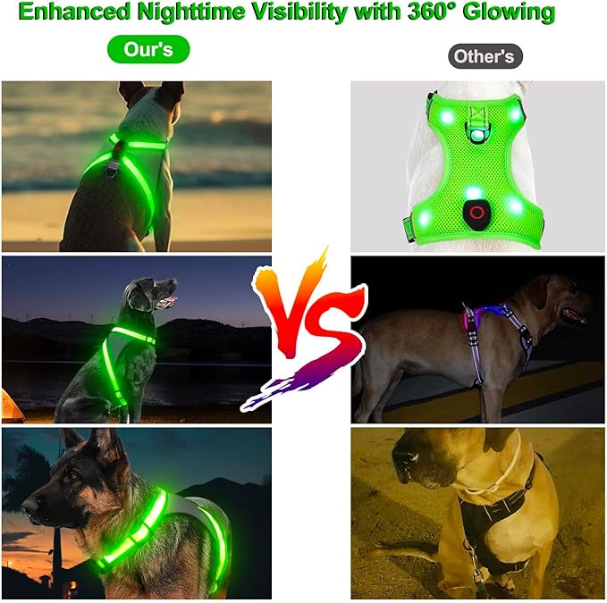 Visinite LED Dog Harness, USB Rechargeable Light Up Dog Harness Vest, 2 Illuminate Modes Glow in The Dark Dog Harness, Adjustable Lighted Dog Harness Light for Night Walking Safety