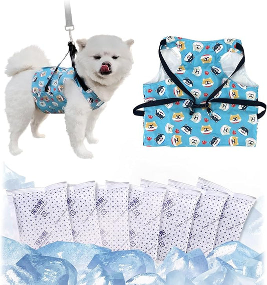 KUDES Dog Cooling Vest with Recyclable Ice Packs, Pet Adjustable Ice Chill Out Dog Harness Jacket Cooler with D Ring for Small Medium Large Dogs Walking Indoor Outdoor Summer