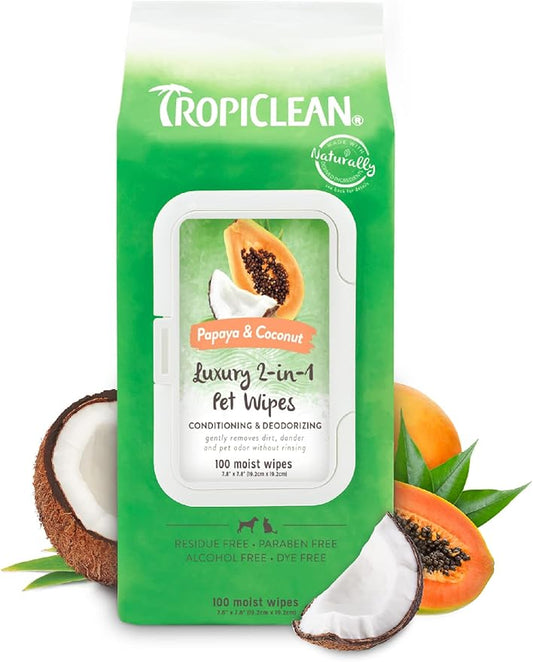 TropiClean Dog Wipes for Paws, Butt, Face, and Body, Anytime Cleaning and Deodorizing Pet Wipes, Safe for Licking, Papaya Scent, Cat Safe, 100ct