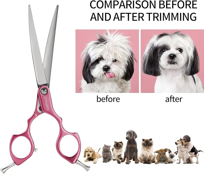 6.5" Curved Grooming Scissors for Dogs 440C Stainless Steel Professional Dog Grooming Scissors with Ultra-Light Aeronautical Aluminum Handle (Pink-Curved)
