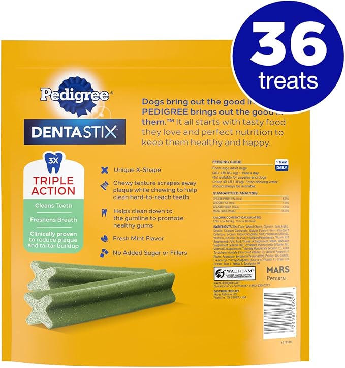 PEDIGREE DENTASTIX Dental Dog Treats for Large Dogs Fresh Flavor Dental Bones, 1.87 lb. Value Pack (36 Treats)