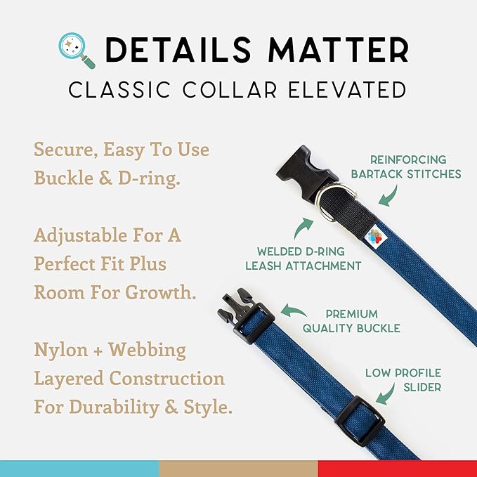 Dog Collar, Lightweight, Heavy Duty Dog Collar with Buckle, Fabric Pet Collar, Breathable & Adjustable Puppy Collar, Dog Collars for Medium Dogs (Navy, Medium - 10-16 Inch) - Wildebeest