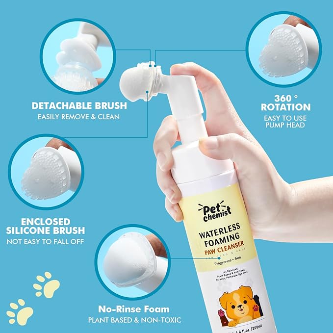 Dog Paw Cleaner 6.8Oz, Waterless Foaming Shampoo Paw Cleanser for Dogs, Cats, Foot Cleaner Brush, with 3 Silicone Brush & 1 Microfiber Absorbent Towel, Gentle, Fragrance-Free