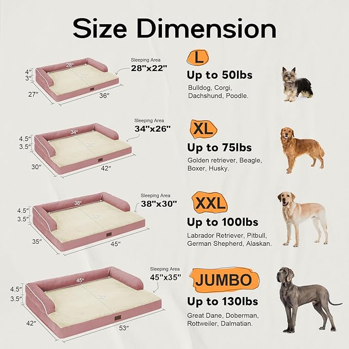 Orthopedic Washable Large Dog Bed, Pink Dog Beds with Removable Cover, Large XXXL Pet Dog with Bolster, Washable Dog Bed Sofa with Orthopedic Egg Foam for Medium Large Dog