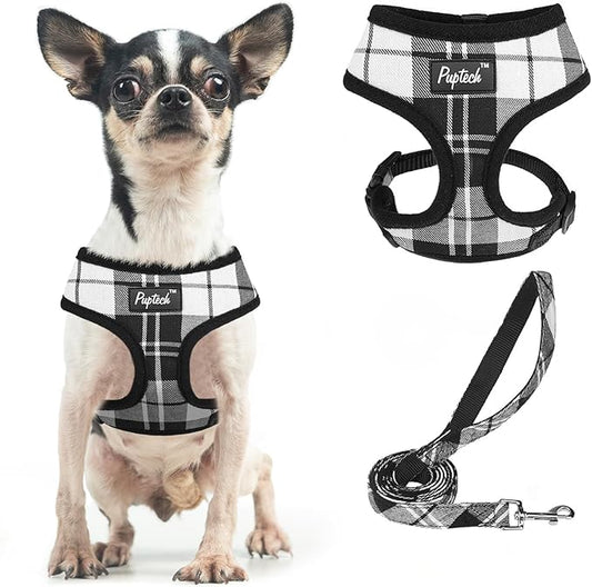 PUPTECK Soft Mesh Dog Harness and Leash Set Pet Puppy Cat Comfort Padded Vest No Pull Harnesses, Black&White, XS