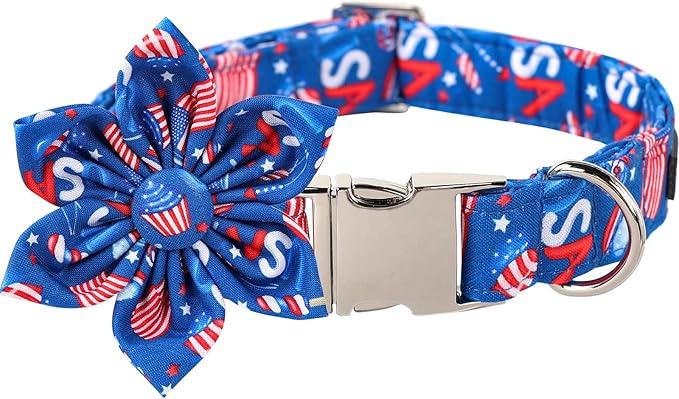 Lionet Paws Patriotic Female Dog Collar with Flower, 4th of July, Soft and Comfortable Adjustable American Flag Collar for Large Dogs, Neck 16-24 inches