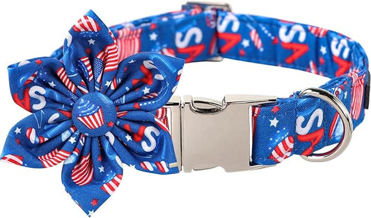 Lionet Paws Patriotic Female Dog Collar with Flower, 4th of July, Soft and Comfortable Adjustable American Flag Collar for Large Dogs, Neck 16-24 inches