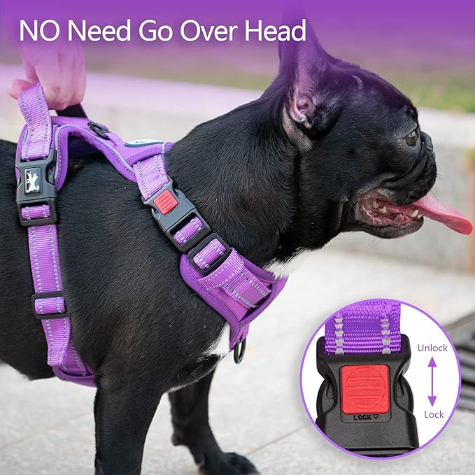 PoyPet No Pull Dog Harness, No Choke Reflective Dog Vest, Adjustable Pet Harnesses with Easy Control Padded Handle for Small Medium Large Dogs(Purple Matching Trim,S)