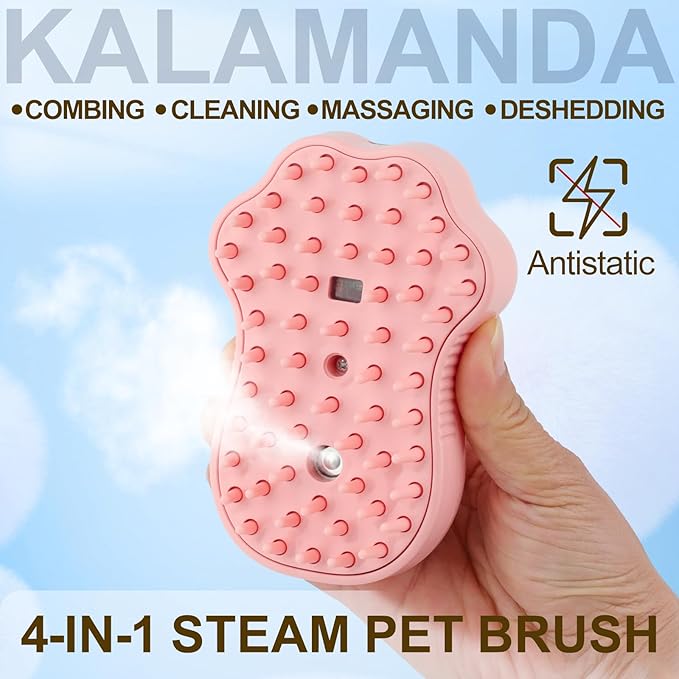 Cat Steam Brush for Shedding, 4 in 1 Steamy Cat Brush Cleanser, Dog Massage Grooming Brush with Release Button, Pet Hair Cleaning Misting Comb for Kitten(Pink Paw)