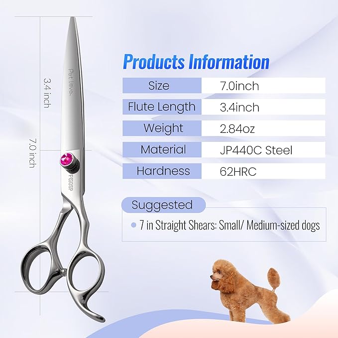 Straight Dog Grooming Scissors 7.0'' Professional Dog Hair Shears Pet Cat Japan 440C Grooming Scissors for Small Dogs Super Sharp (7.0'',Straight)