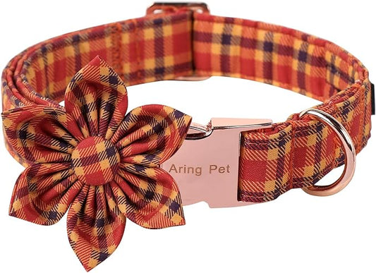 ARING PET Fall Dog Collar-Cotton Halloween Plaid Dog Collar with Flower, Adjustable Orange Halloween Dog Collars Pet Necklace with Metal Buckle for Girl&Boy Dogs