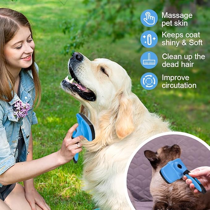 Slicker Brush - Self Cleaning Hair Brush for Dogs, Cats & Bunny - Grooming & Shedding Tool for All Pets - Non Slip Rubber Handle & Soft Bristles - Unisex, Blue