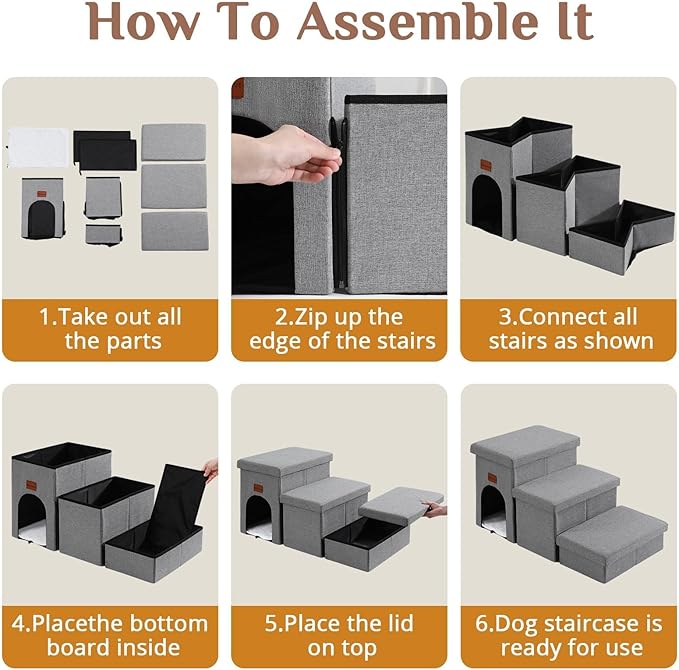 JOLLYVOGUE Dog Steps for Small Dogs, Cat Stairs with Storage, Non-Slip Dog Steps for Beds Couches, Folding Pet Stairs Helper for High Beds, Dog Ramp for Small Dogs and Cats or Pets Friendly, 4-Tiers