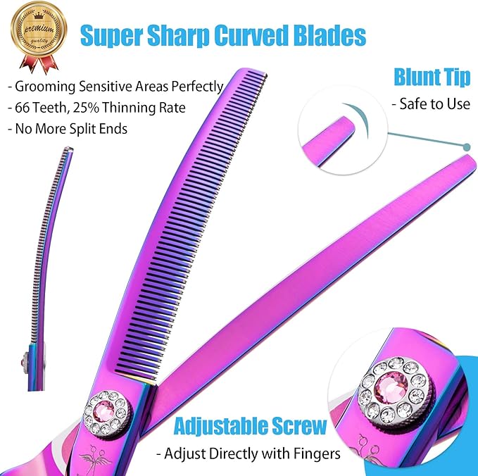 PURPLEBIRD 7 Inch Downward Curved Dog Grooming Scissors Thinning Texturizing Shears Professional Safety Blunt Tip Trimming Shearing for Dogs Cats Face Paws Limbs Japanese Stainless Steel Purple