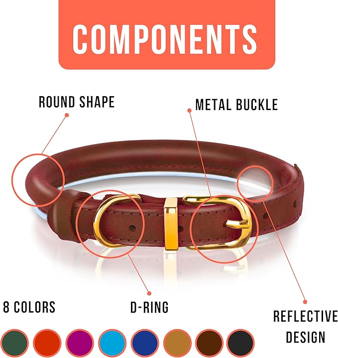 OOPSDOGGY Reflective Rolled Leather Dog Collar for Large Dogs, Adjustable Soft Padded Pet Collar for Large Breed Dogs (L, 14"-18", Brown)
