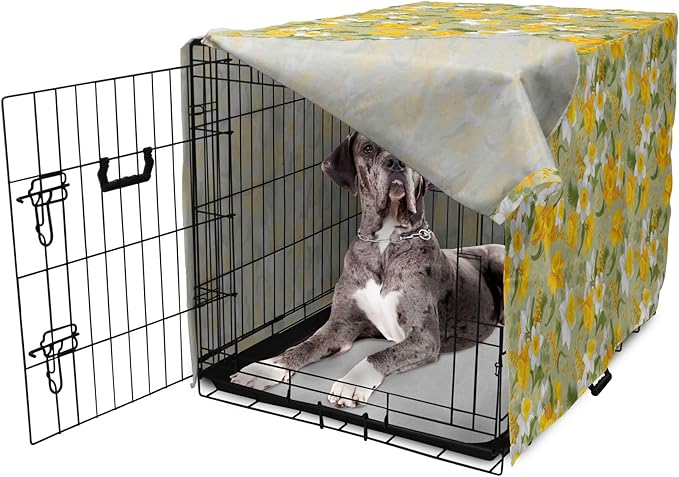 Lunarable Daffodil Dog Crate Cover, Vintage Inspirations Floral Arrangement Pattern Romantic Bouquet Nature, Easy to Use Pet Kennel Cover for Medium Large Dogs, 48 Inch, Green Marigold White