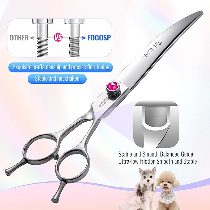 Curved Dog Grooming Scissors 7.5 inch Professional Curved Shears Dog Grooming for Poodle Large Dog Pet 30 Degree Japanese 440C Right Handed Super Sharp Purple Diamond(7.5,Curved)