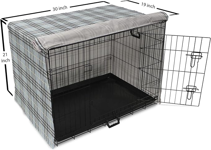 Lunarable Plaid Dog Crate Cover, Traditional Vintage Pattern with Modern Look Checkered Pastel Colored, Easy to Use Pet Kennel Cover for Cats & Medium Dogs, 30 Inch, Pale Blue Dimgray Cream