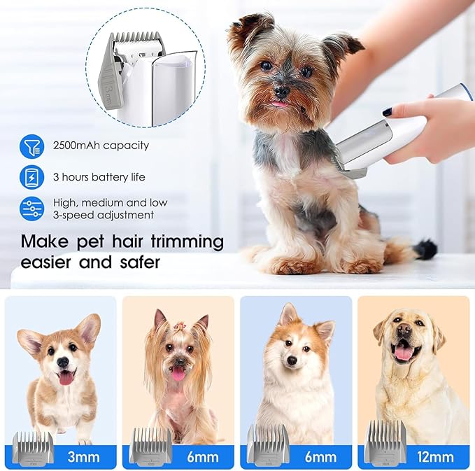 Pet Grooming Brush Kit 2L High Capacity Vacuum 99% Pet Hair Not Easy to Block, Low Noise Removable for Cats and Dogs Grooming Brush Kit, One-Click Clean and 16 Levels of Suction Adjustment (White)