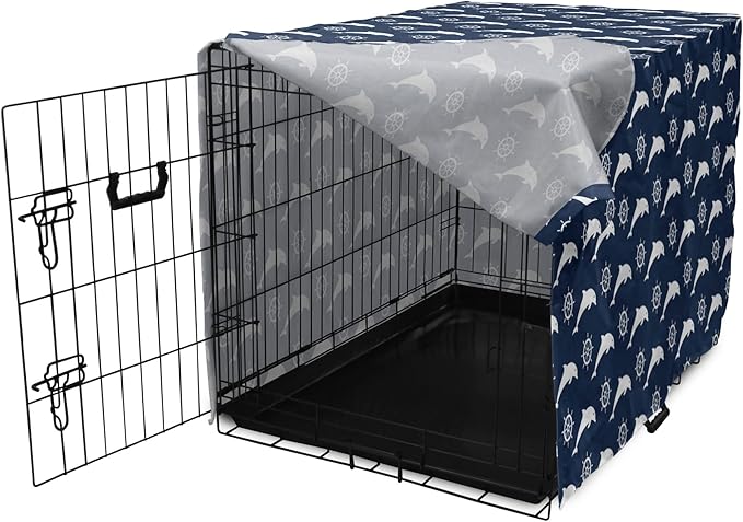 Lunarable Dolphin Dog Crate Cover, Maritime Pattern with Silhouettes of Dolphins and Steering Wheels in White Color, Easy to Use Pet Kennel Cover for Small Dogs Puppies Kittens, 22 Inch, Night Blue