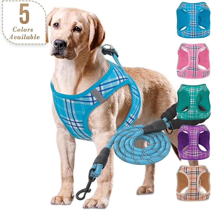 Athena Collection Step-in Dog Harness with 5 ft Leash, Large Dog Harness Leash Set Large No Pull Dog Vest Harness with Reflective Strips Adjustable Velcro, Easy Walk Dog Harness, Blue