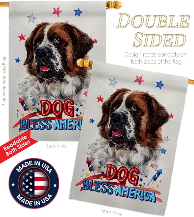 Breeze Decor Patriotic St Bernard Dog House Flag Pack Puppy Spoiled Paw Canine Fur Pet Nature Farm Animal Creature Applique Decoration Banner Small Garden Yard Gift Double-Sided, Made in USA