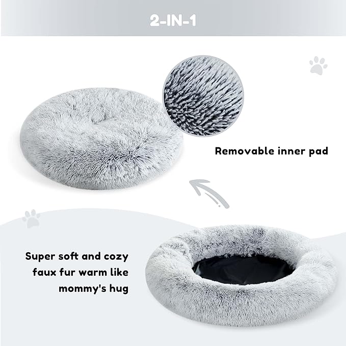Calming Dog Bed & Cat Bed, Anti-Anxiety Donut Dog Cuddler Bed, Warming Cozy Soft Dog Round Bed, Fluffy Faux Fur Plush Dog Cat Cushion Bed for Small Medium Dogs and Cats (20"/24"/27"/30")