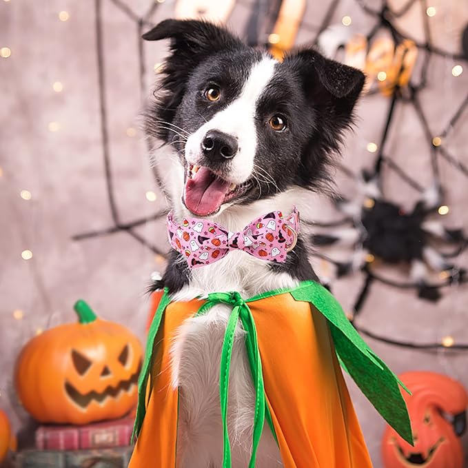 ARING PET Halloween Dog Collar-Cotton Pink Pumpkin Dog Collar with Bow, Adjustable Halloween Themed Bowtie Dog Collars Pet Necklace with Metal Buckle for Girl&Boy Dogs