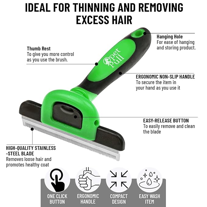 Pet Deshedding Tool Cleaning Brush - Green - For Dogs & Cats - Hair Removal Tool - Stainless Steel Knot Detangler Comb - 95% Shedding Reduce