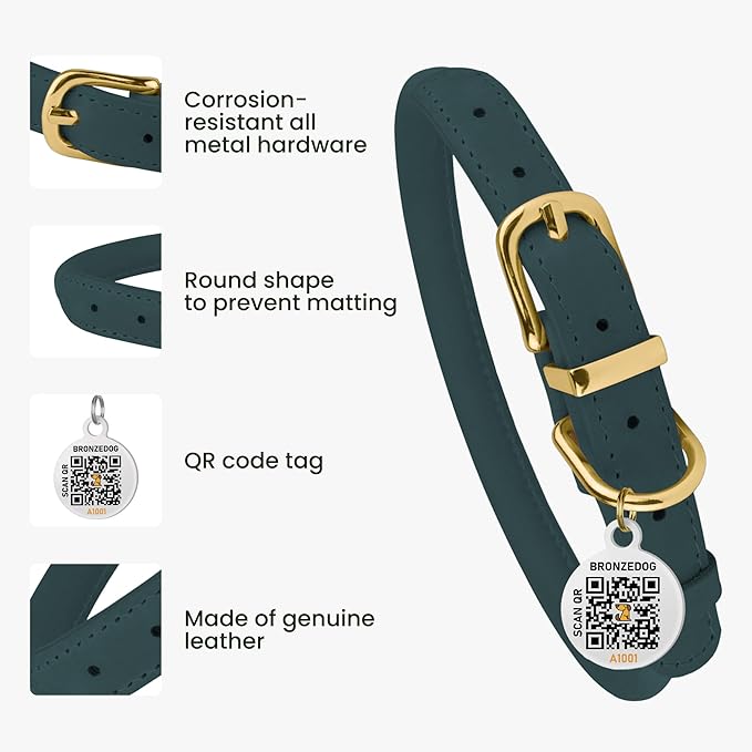 BRONZEDOG Rolled Leather Dog Collar with QR ID Tag Adjustable Soft Round Collars for Small Medium Large Dogs Puppy Cat (11" - 14 1/2" Neck Size, Denim)