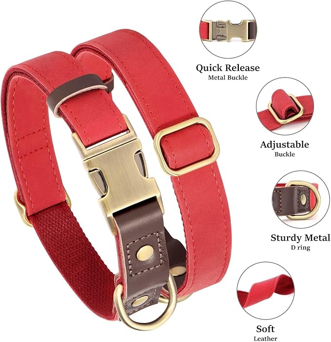 Didog Soft Padded Leather Dog Collar for Large Dogs, Classic Heavy Duty Dog Collars with Quick Release Metal Buckle, Adjustable Large Dog Collar Leather,Red,L