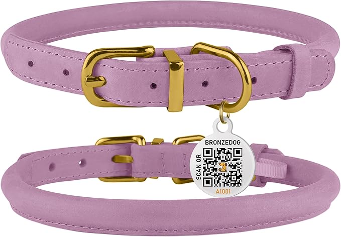 BRONZEDOG Rolled Leather Dog Collar with QR ID Tag Adjustable Soft Round Collars for Small Medium Large Dogs Puppy Cat (Lavender, 9-11 inch)