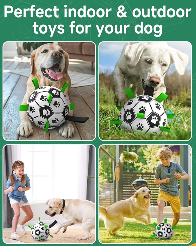 QDAN Dog Toys Soccer Ball with Straps - Durable Dog Balls for Giant Extra Large Dogs, Outdoor Dog Toys, Dog Water Toy, Herding Ball, Dog Birthday Gifts (10 Inch)