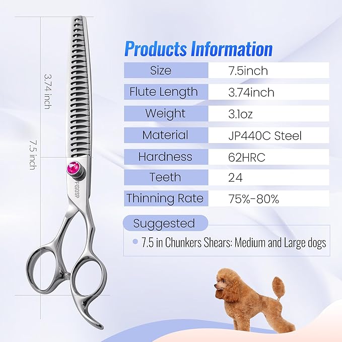 Chunkers Dog Grooming Scissors 7.5 in Professional Thinning Shears for Dogs Pet Grooming Scissors Chunkers Shears Dog Grooming Japan 440C 70% Thinning Rate 24 Teeth(7.5'',Chunkers)