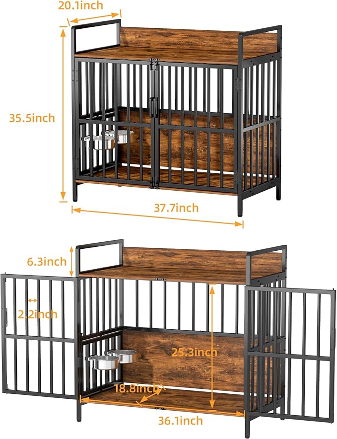 Large Dog Crate Furniture, with 360° Adjustable Elevated Feeder, Heavy Dog Furniture, Indoor Decorative Dog Kennel, Sturdy Metal Construction, 38" W×21" D×36" H, Rustic Brown Finish